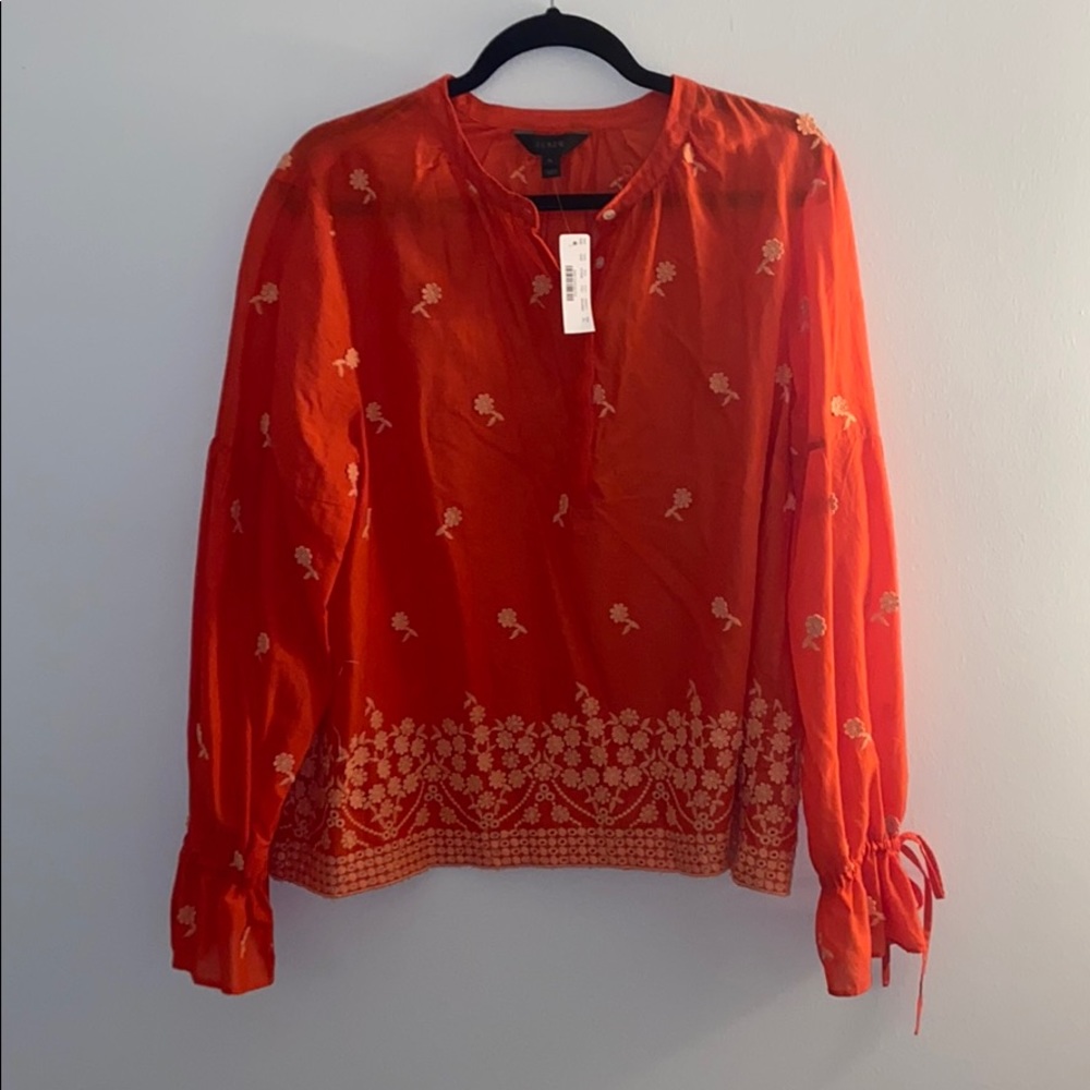 JCrew Orange Cotton Floral Long-Sleeve Tunic